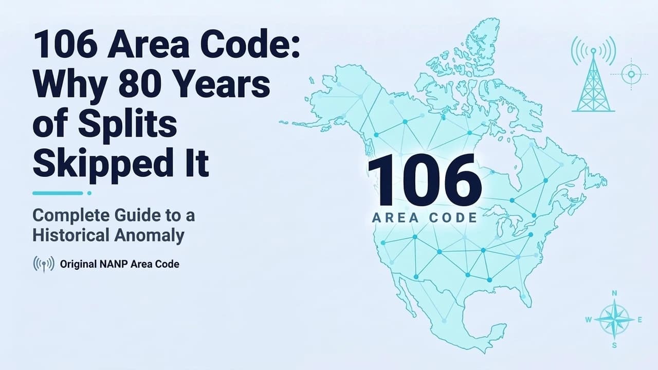 106 area code graphic marking an area code skipped by eight decades of splits, beside the real 910 North Carolina prefix