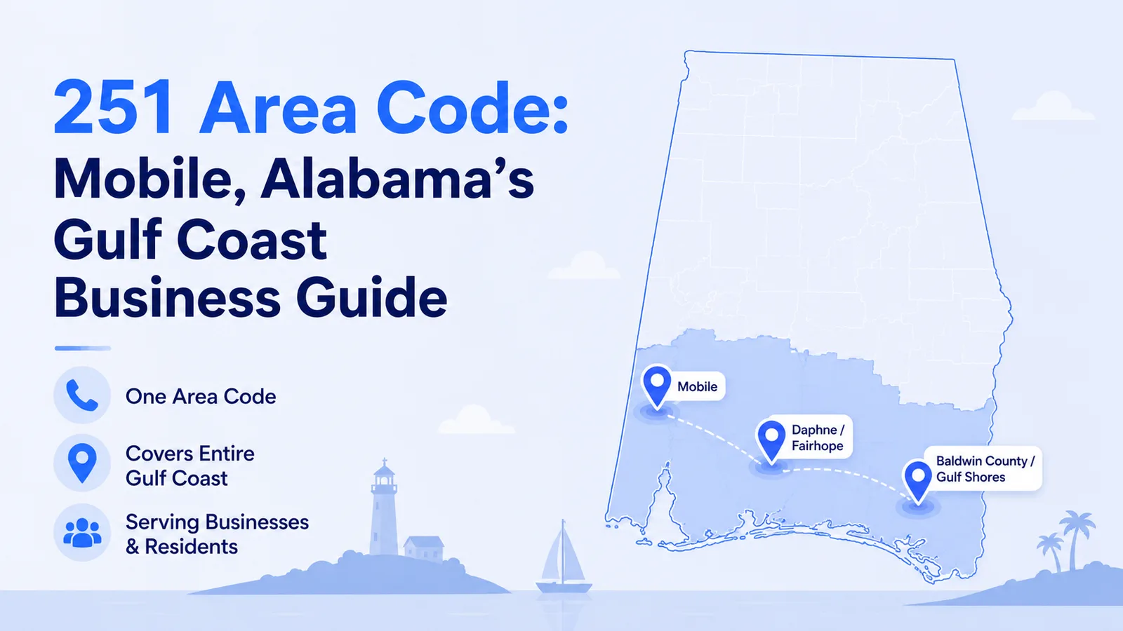 251 area code map of Mobile, Alabama's Gulf Coast covering Mobile, Daphne, Fairhope, and Gulf Shores
