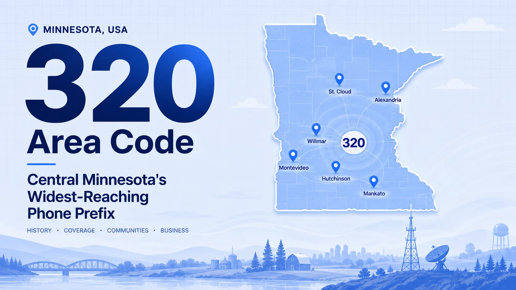 320 Area Code: Central Minnesota's Widest-Reaching Phone Prefix — map of central Minnesota showing St. Cloud, Willmar, Alexandria, Montevideo, Hutchinson, and Mankato