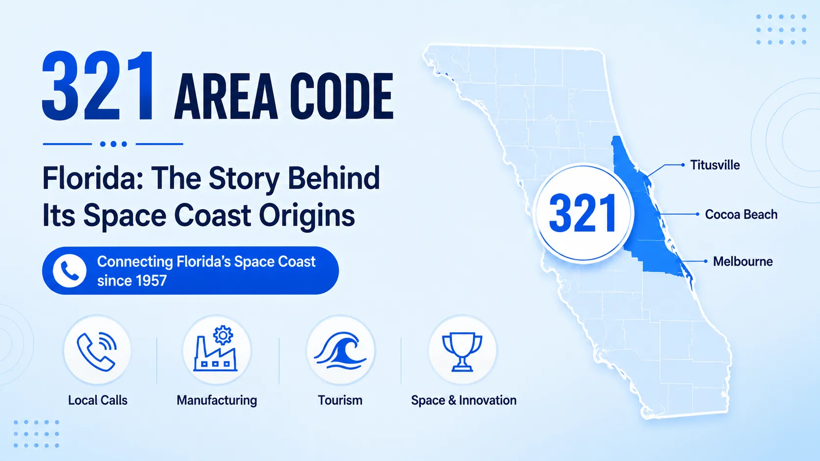 321 area code map of Florida's Space Coast highlighting Titusville, Cocoa Beach, and Melbourne in Brevard County