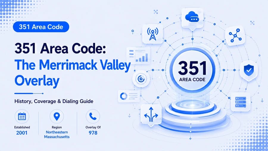 351 Area Code: The Merrimack Valley Overlay — hero graphic with regional coverage, dialing format, and history badges