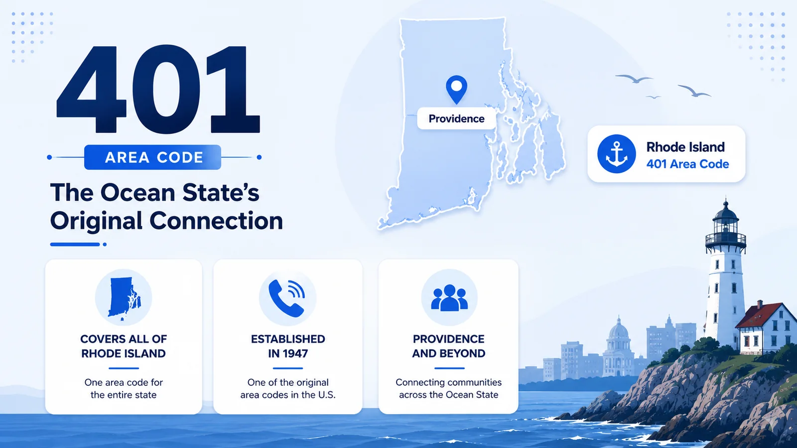 Map of the 401 area code covering the entire state of Rhode Island, including Providence, Warwick, and Newport