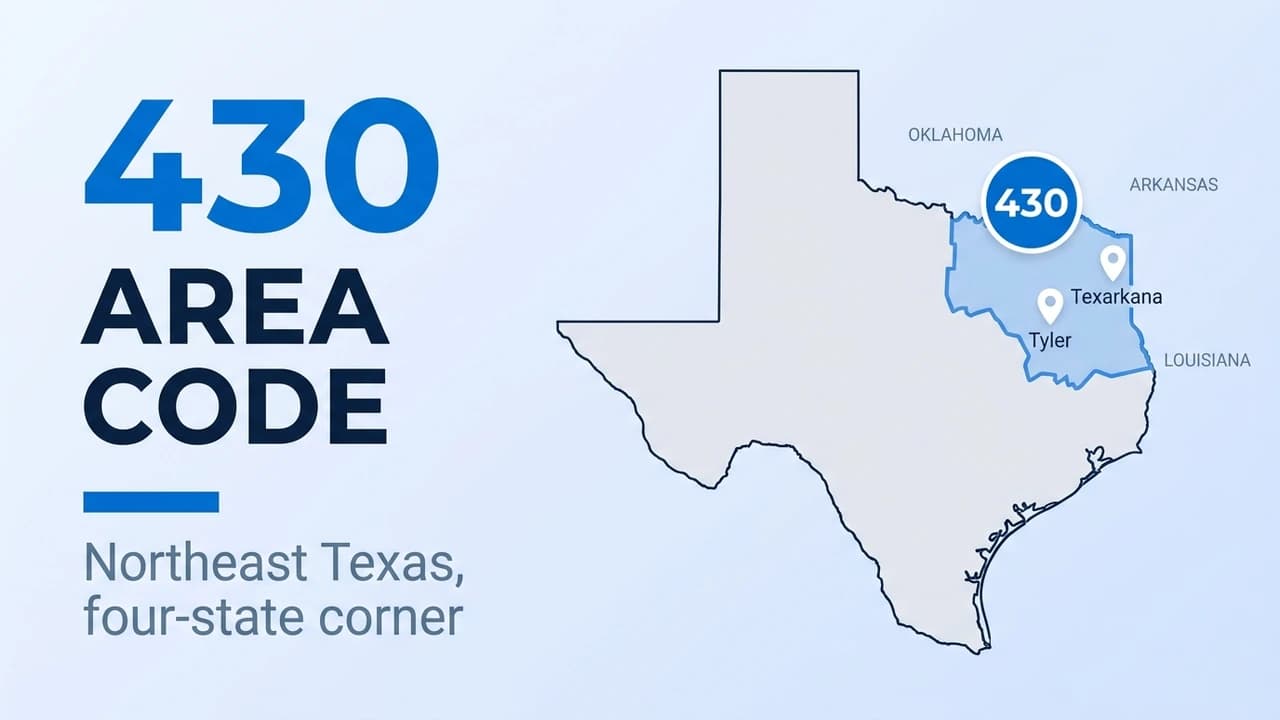430 area code map of northeast Texas showing Tyler and Texarkana near the Oklahoma, Arkansas, and Louisiana borders