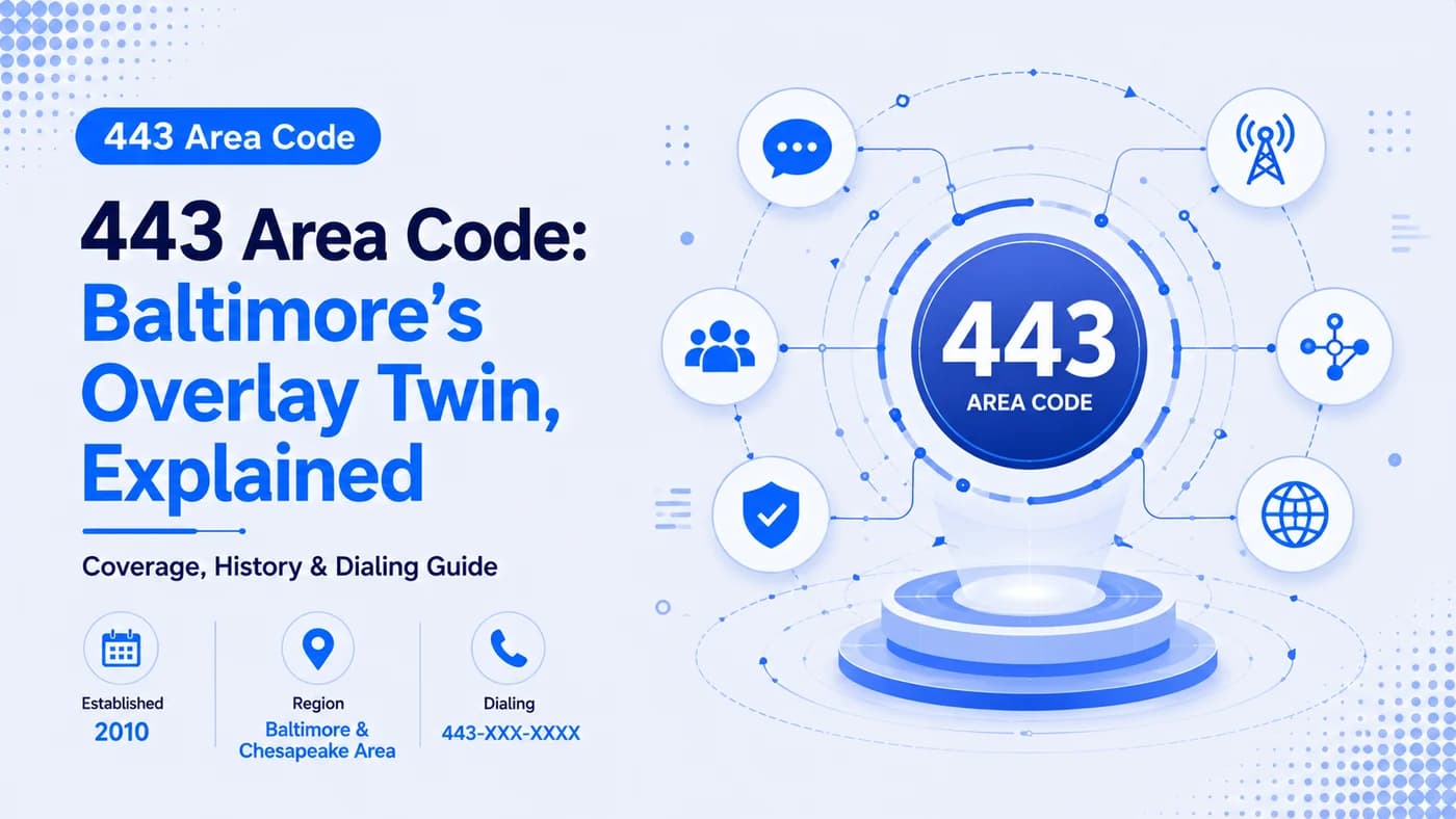 443 Area Code: Baltimore's Overlay Twin, Explained — hero graphic with regional coverage, dialing format, and history badges
