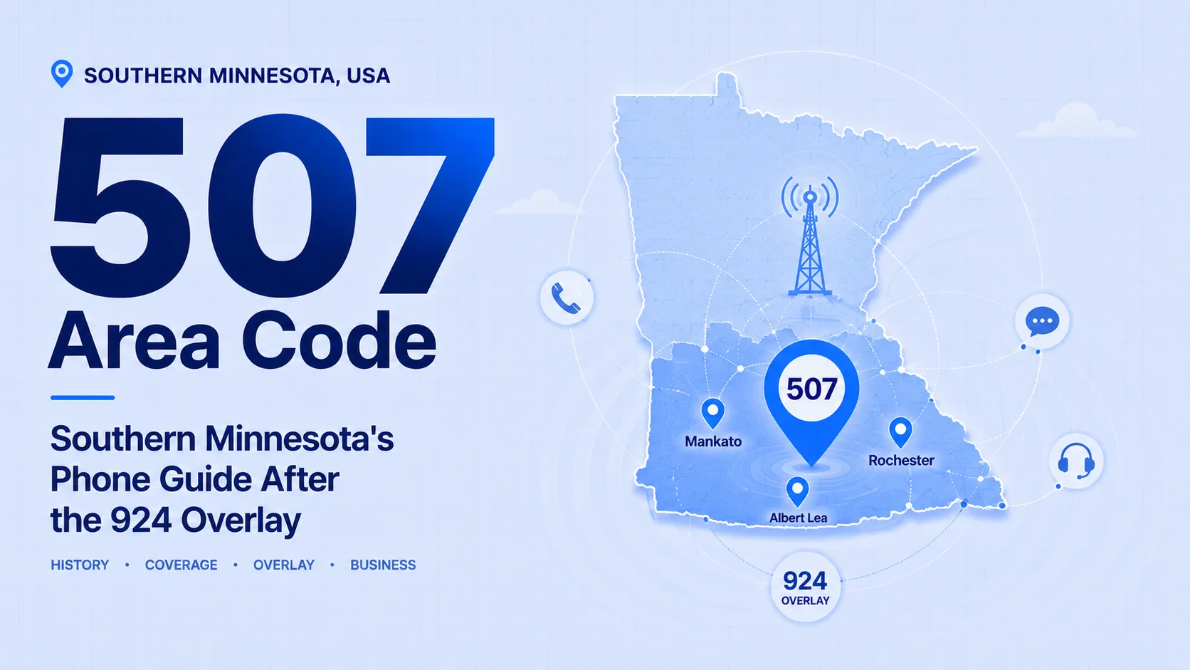 507 Area Code: Southern Minnesota's Phone Guide After the 924 Overlay — map of southern Minnesota showing Mankato, Rochester, and Albert Lea with the 924 overlay