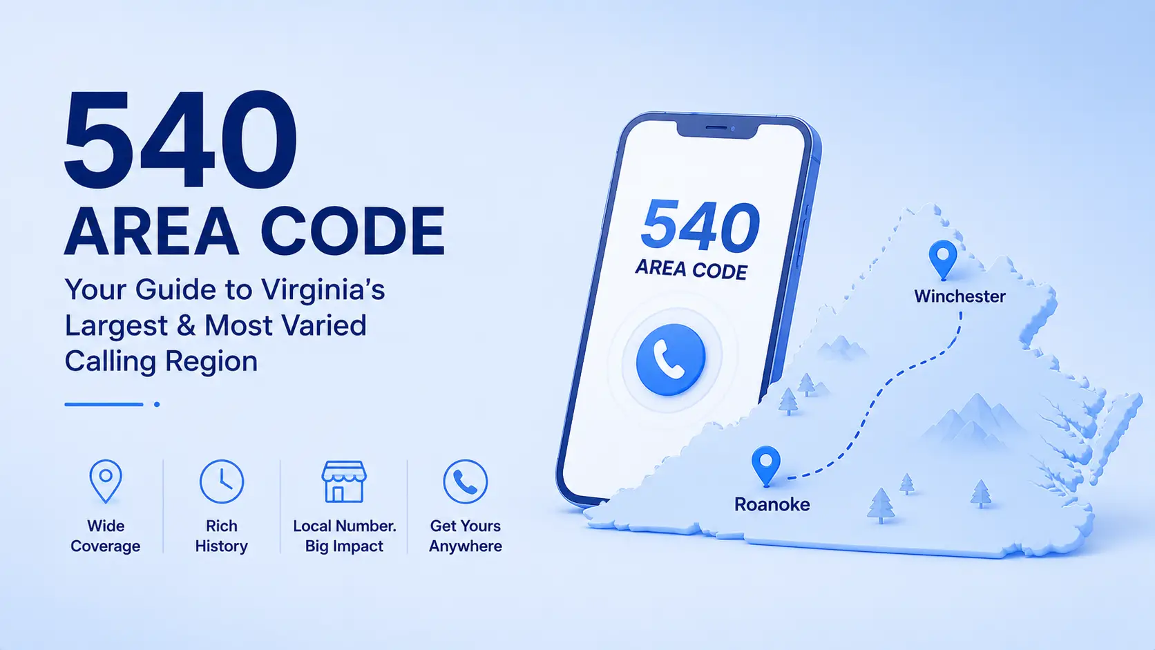 540 area code map of the Shenandoah Valley, Roanoke, and Fredericksburg region of Virginia
