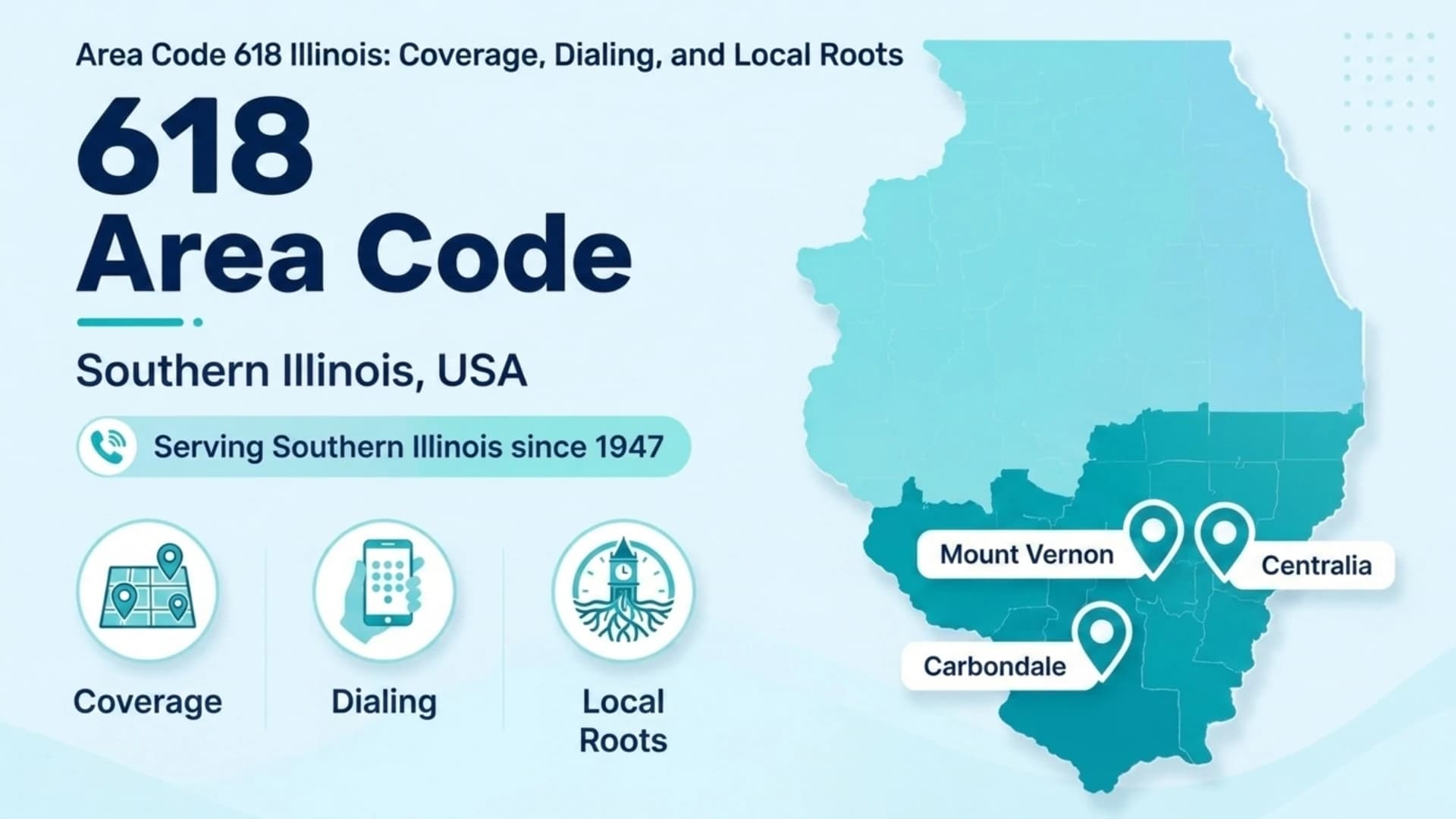 618 Area Code Illinois: Coverage, Dialing, and Local Roots — map of southern Illinois serving the region since 1947, with Mount Vernon, Centralia, and Carbondale marked