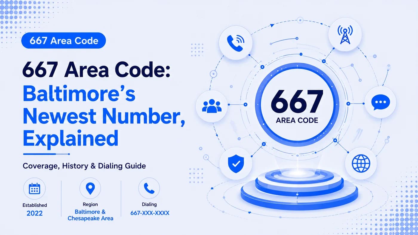 667 Area Code: Baltimore's Newest Number, Explained — hero graphic with regional coverage, dialing format, and history badges