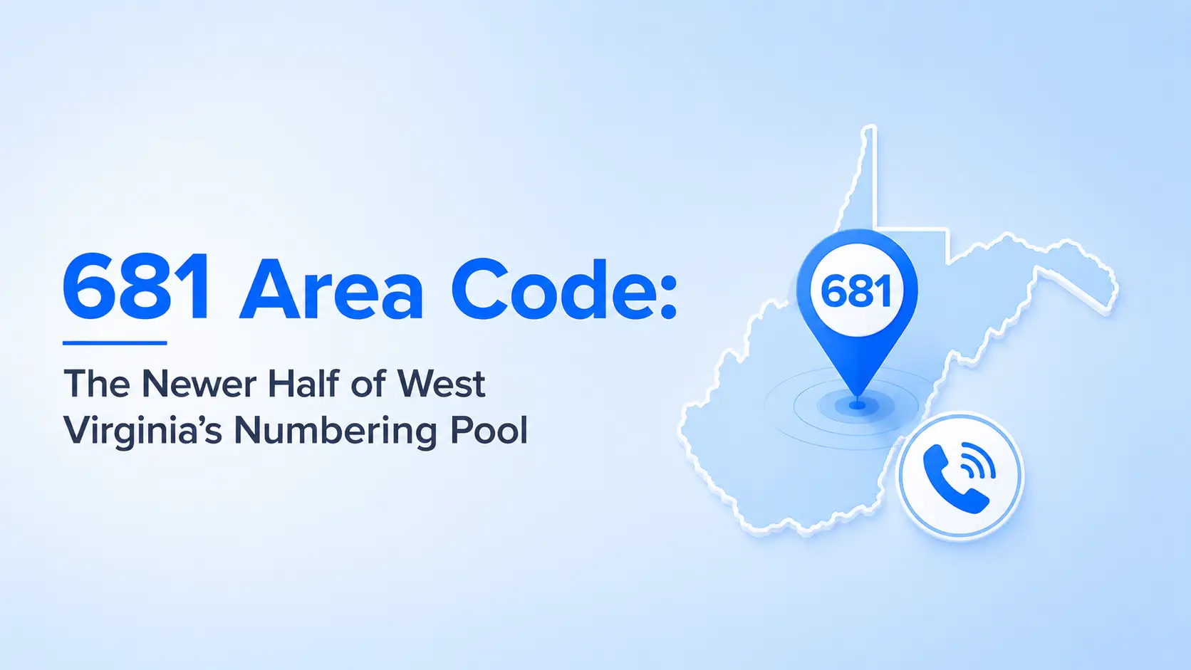 681 area code map of West Virginia with a location pin over the state and a phone icon
