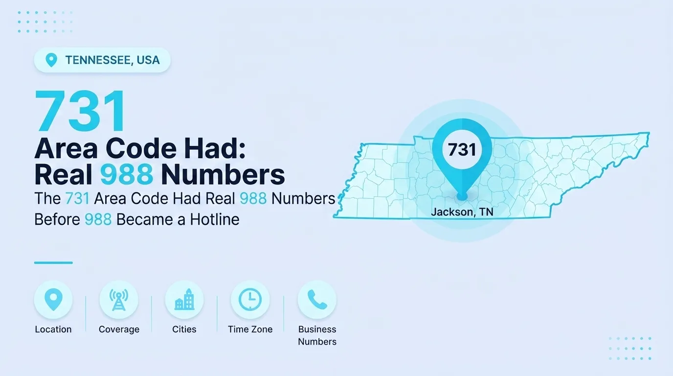 731 Area Code Had Real 988 Numbers — map showing area code 731 covering Jackson and West Tennessee before 988 became a national hotline