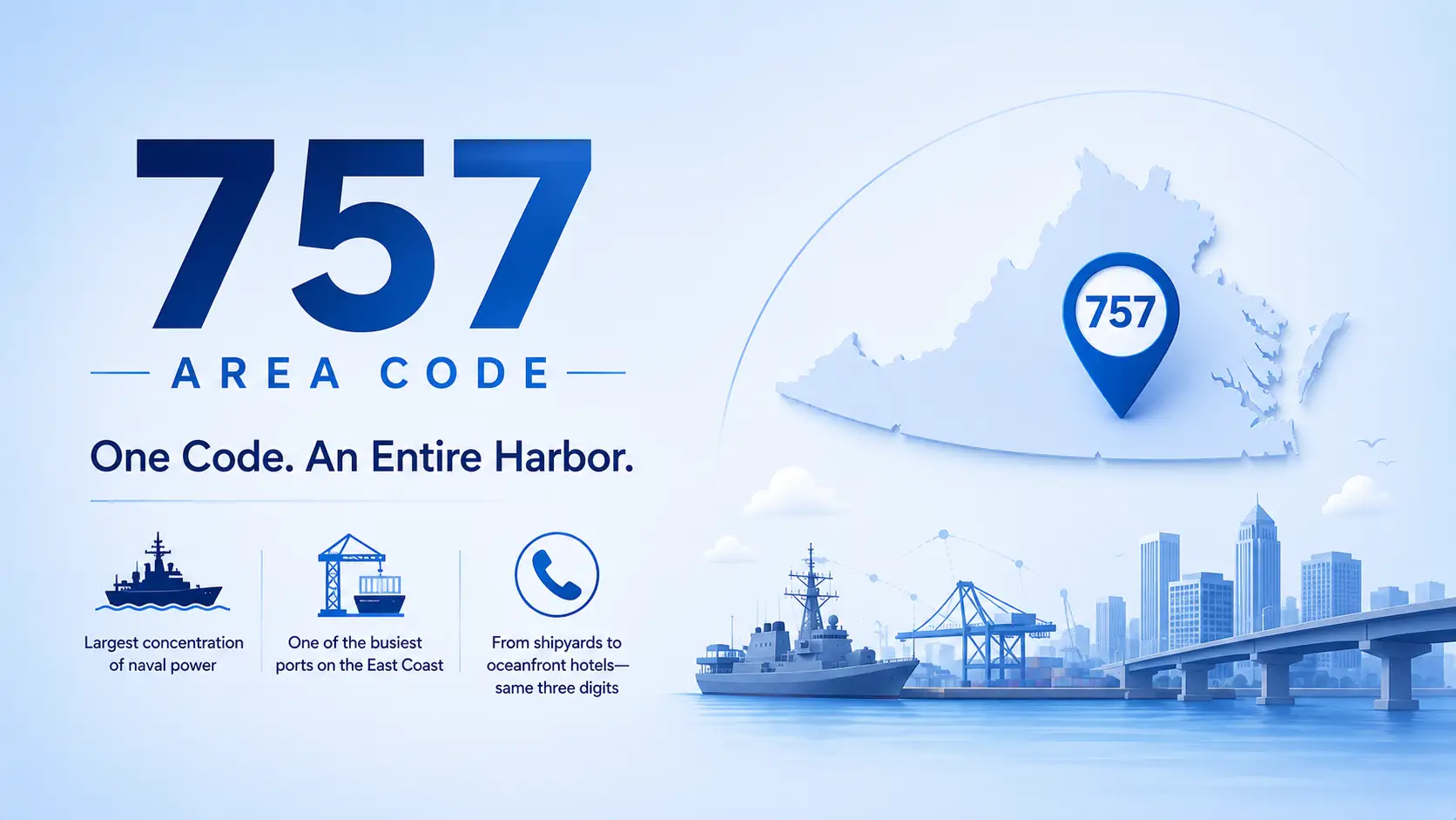 757 area code map of Hampton Roads showing Virginia Beach, Norfolk, Chesapeake, and Newport News