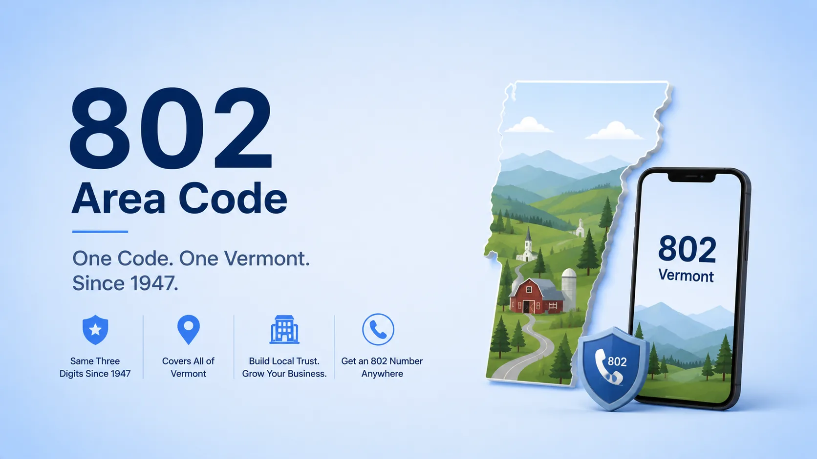 802 area code map of Vermont showing Burlington, Montpelier, Rutland, and the entire state as a single numbering zone