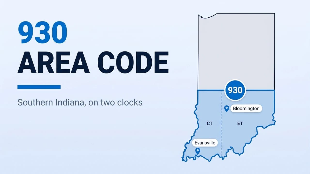 930 area code map of southern Indiana showing Evansville and Bloomington split between Central and Eastern time