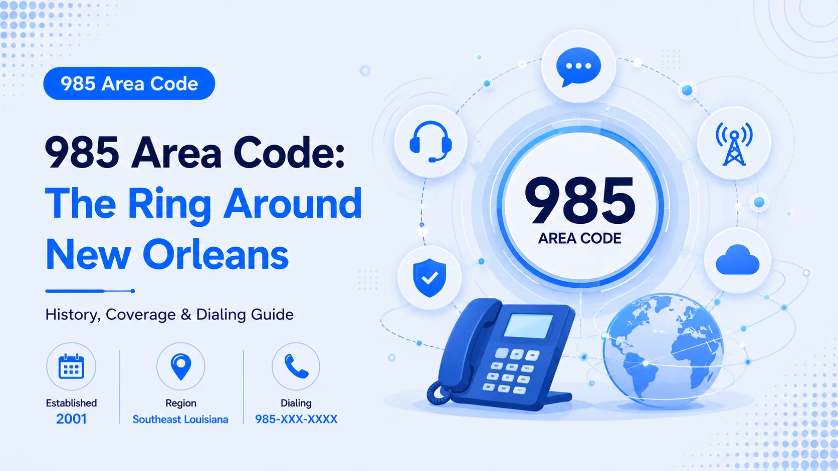 985 Area Code: The Ring Around New Orleans — hero graphic with regional coverage, dialing format, and history badges